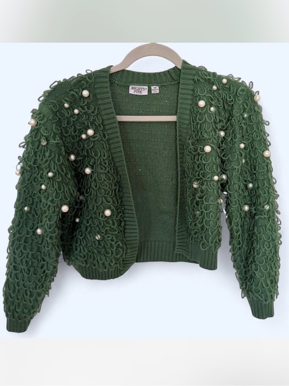 Mighty Fine Dark Green Pearl-Studded Loop Knit Cardigan